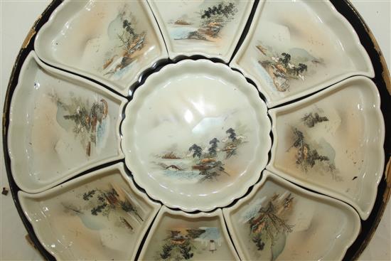 A Japanese lacquered boxed porcelain supper set, c.1900, total diam.31.5cm